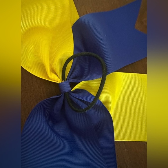 Cheer Bow Large Blue Gold Yellow Rubber Band Spirit Bow - Picture 2 of 5